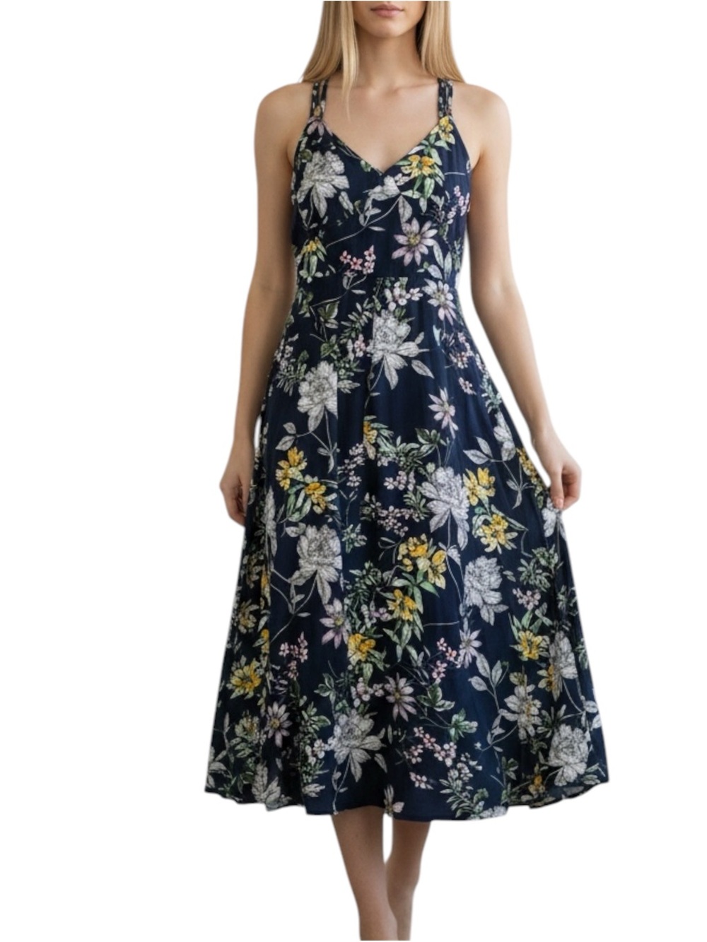 Suzanne Betro Navy Floral V-Neck Strappy Cross Back Smocked Pocket Sundress